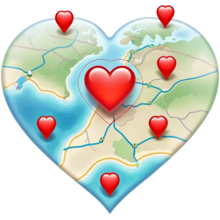 Translucent ethereal map with actual cartographic details, red heart markers for relationships and different colored pins for various emotional experiences emoji
