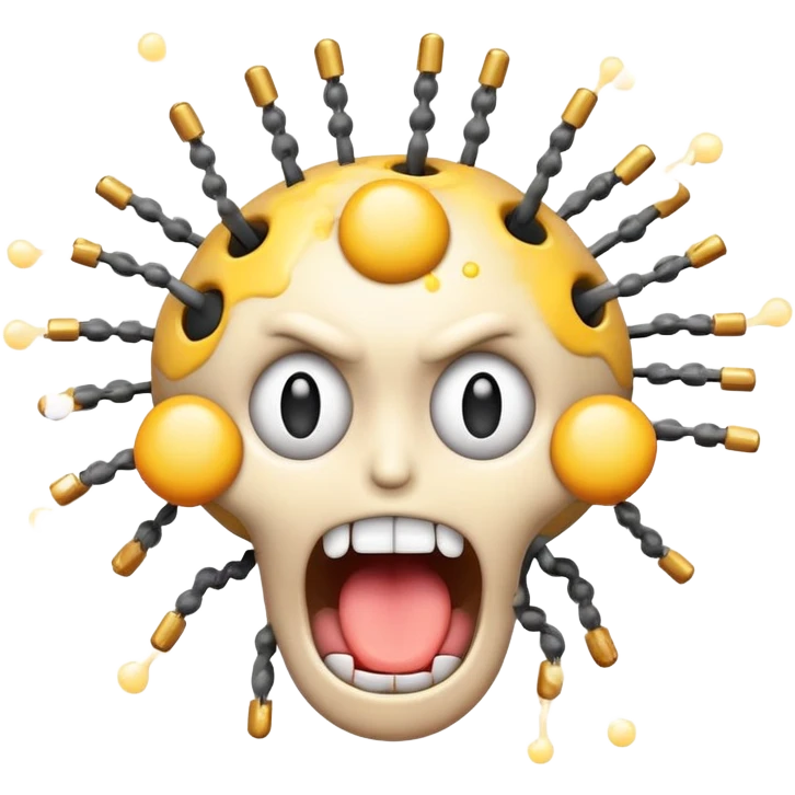 absolutely insane emoji with eyes popping out of sockets on springs, brain partially exposed, multiple gigantic polka-dotted tongues flailing in all directions, tiny explosions around head, face melting, completely deranged look emoji