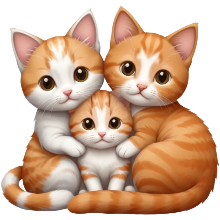 3 tiny kittens cuddling together all different colours, the first one is grey and white, the second is ginger and white and the third is brown tabby and white emoji