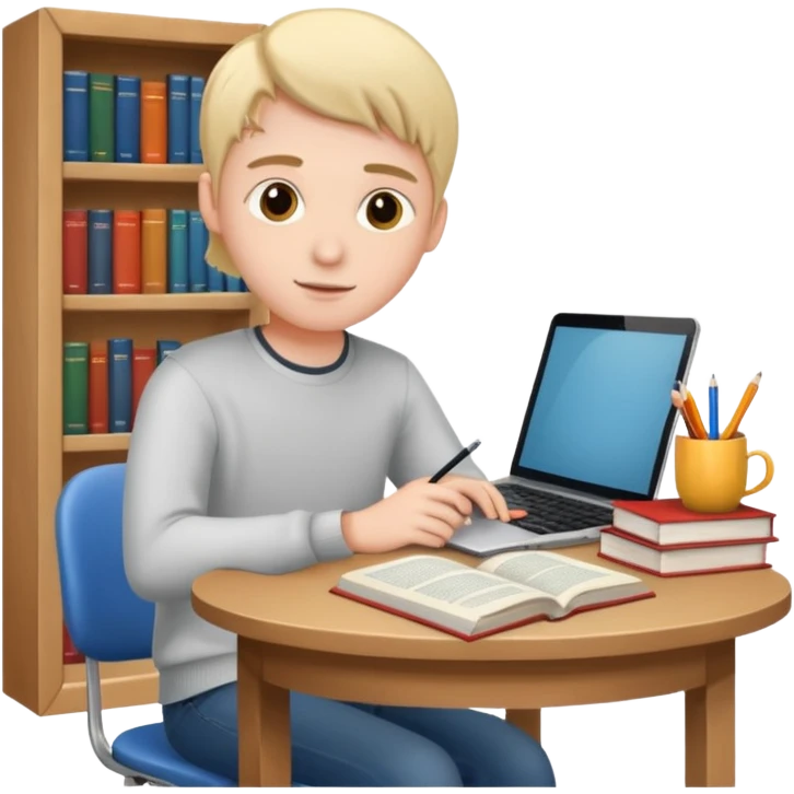 ученик учит английский язык за столом дома emoji