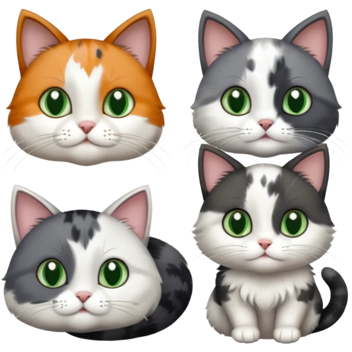 3 different coloured small cats including a dark grey and white, and a patchy calico and a completely solid dark grey with green eyes and only white paws emoji