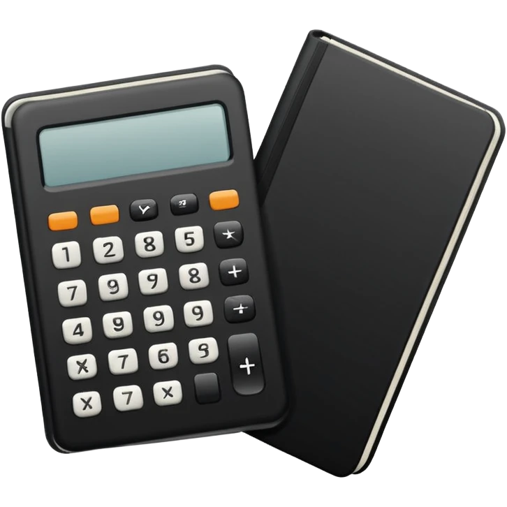 Minimalistic flat vector icon, iOS style, thin black contour on white background. Small black notebook with visible binding, placed next to a calculator. Clean, modern, no text, no shadows. emoji