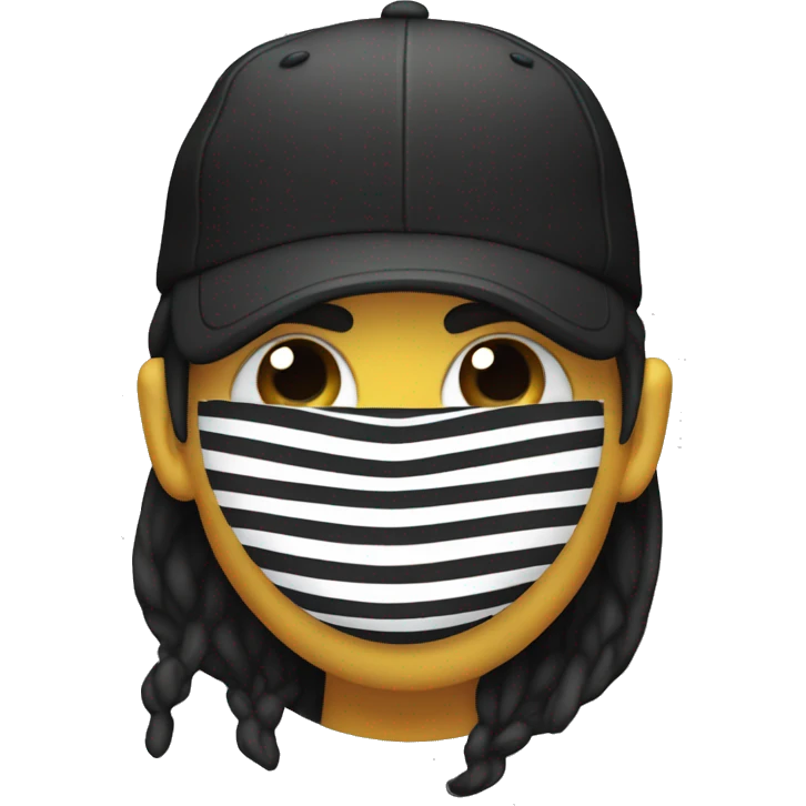 Common emoji with a people wearing a black mask on eyes, shirt with black and white stripe, black Cap  emoji