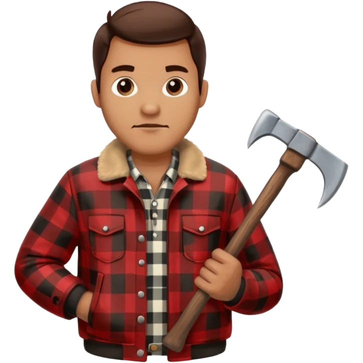 Man wearing buffalo plaid jacket with an axe emoji