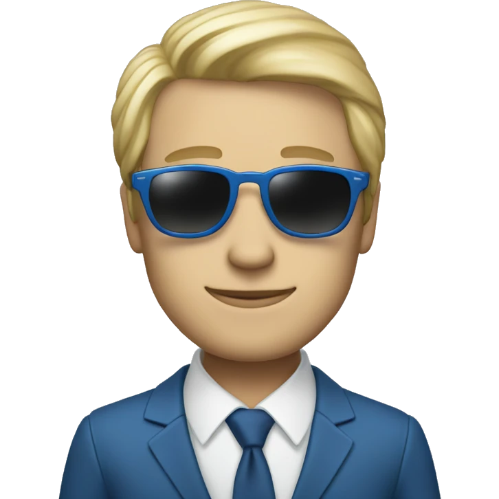 A man with sunglasses  a blue suit and a white skin color and peace vingers emoji