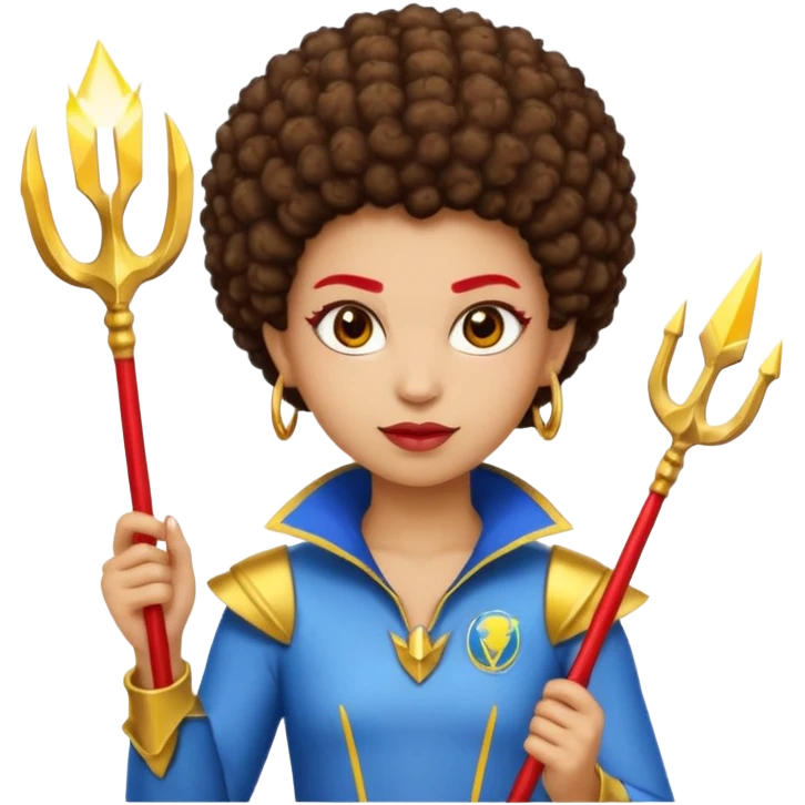 Emoji metisse femboy mais plus masculin avec drapeau ukrainien arriere plan, un afro, sourcils rouge, fourche trident, et eclairs et sur fond bleu clair irrisé. Peau lightskin, yeux marron et cheveux marron bouclés mais en mode afro pixi cut emoji