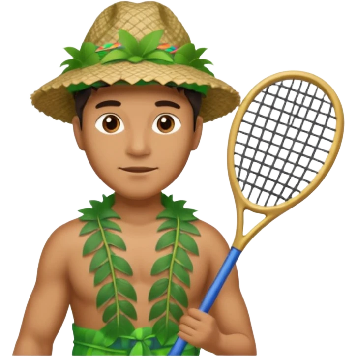 Hawaiian man with leaf hat and big net racket and colorful cloth emoji