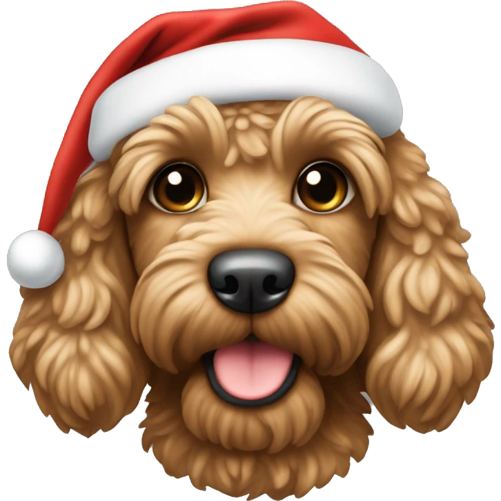 Light brown cockapoo wearing a santa hat emoji
