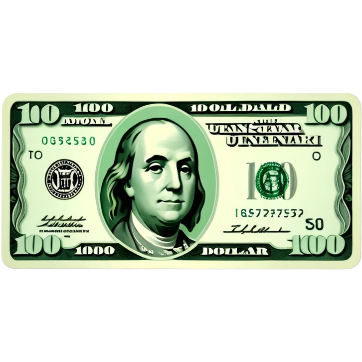 3D realistic US 100 dollar bill sticker, slight perspective, centered, clean cutout, transparent background, no text, no watermark emoji