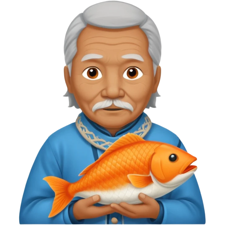 old inuit man with traditional inuit clothes and orange fish emoji