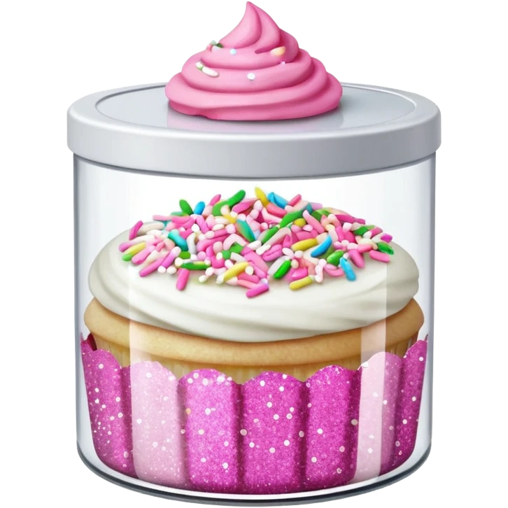 silver glitter in a small clear circular container with white lid, can of sprinkles, and pink cupcakes (all isolated)  emoji