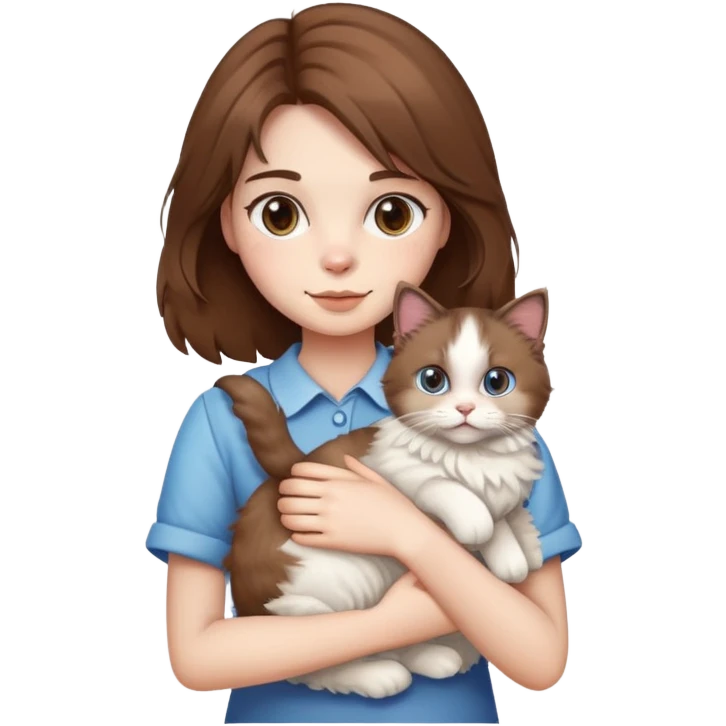 brown-haired girl holding a fluffy ragdoll cat emoji