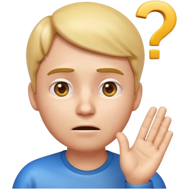 3D glossy emoji of a confused person feeling lost, hand on chin, raised eyebrow, looking up, small question marks around head, faint maze background, soft gradient, centered, transparent background.\ emoji