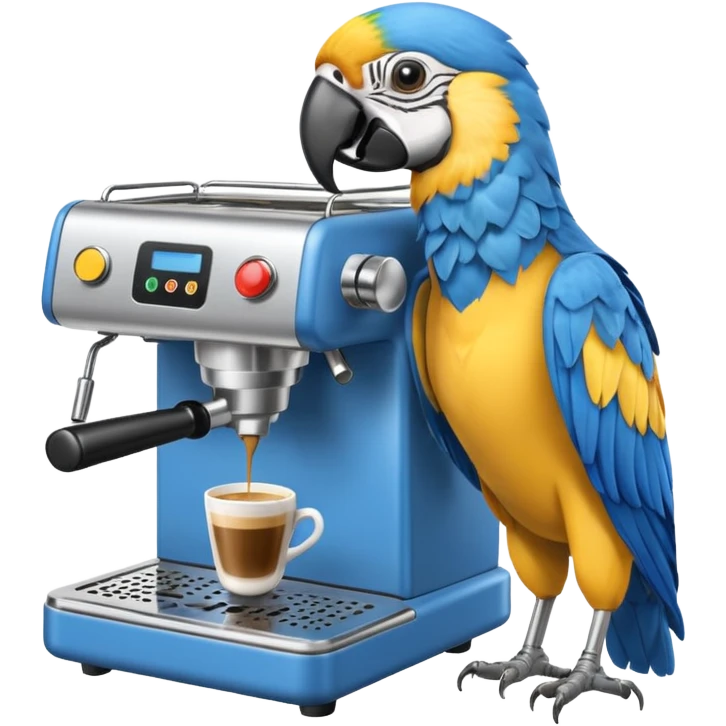 yellow and blue macaw using a espesso machine emoji