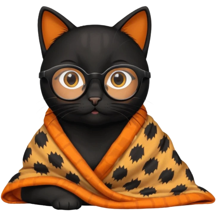 Black female cat on computer, long eyelashes, straight black hair, round glasses and she wears a blanket with an orange pattern emoji
