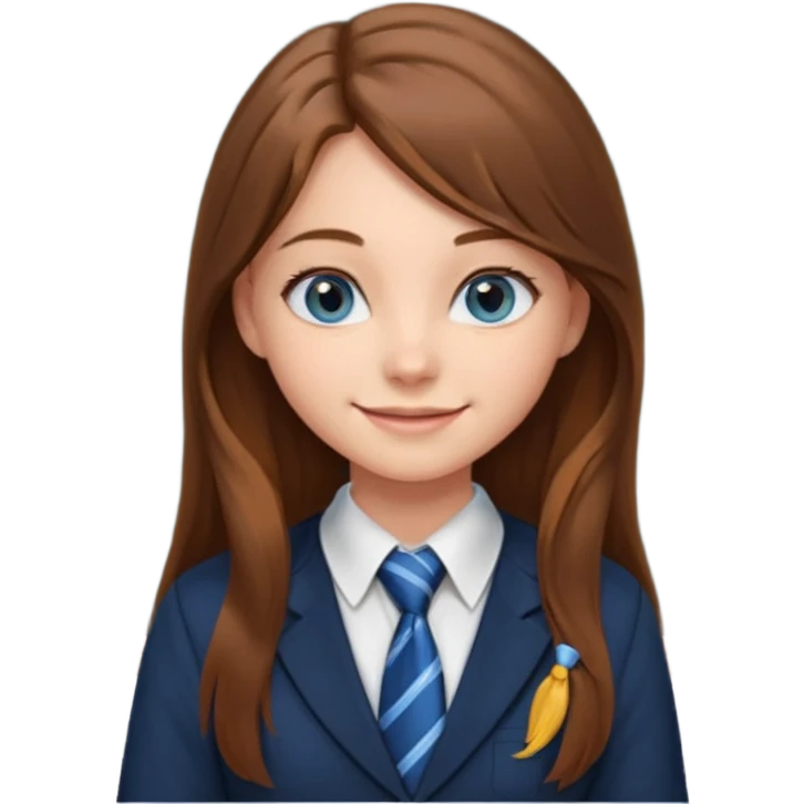 high school class room with a pretty female high school student with long brown hair, blue eyes, wearing a tie, sitting in front of the blackboard emoji