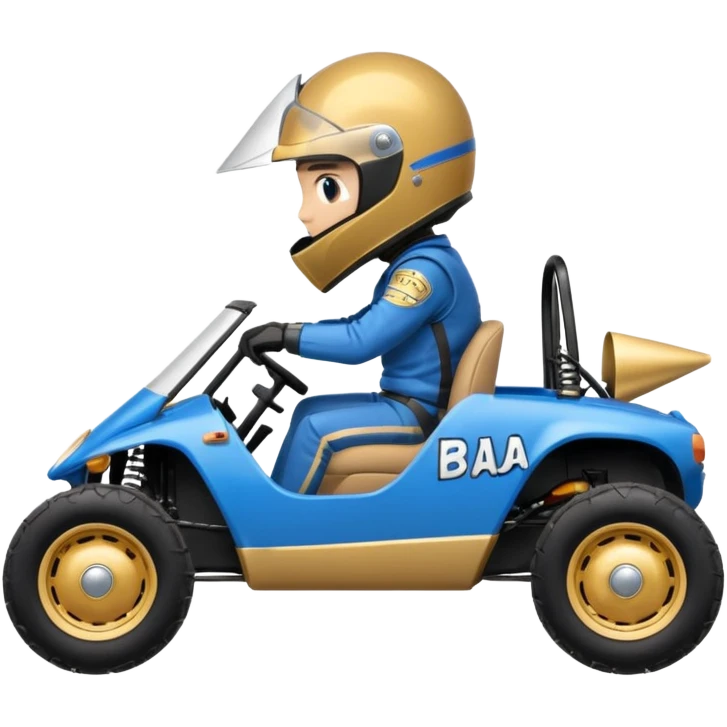 A small blue and gold dune buggy featuring a driver in a motorcycle helmet, with the word "BAJA" displayed on the side panel. emoji