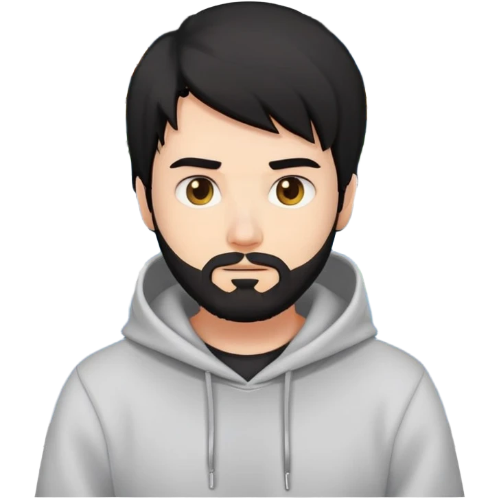 Create an emoji-style illustration of a male coder sitting in front of a computer. He has black hair, a beard, and white skin. He is wearing a hoodie and is focused on coding. The style should be similar to modern emoji—simple, colorful, and expressive. emoji