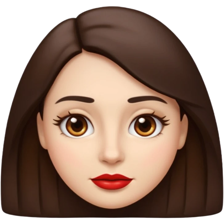 A woman emoji with fair skin, slightly wavy dark brown hair parted in the middle, an oval-shaped face, arched dark eyebrows, almond-shaped brown eyes, a small straight nose, and red lips. emoji