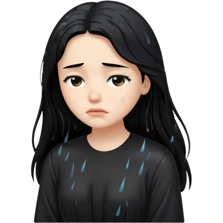 غمگین🧍‍♀️🌧موهای بلندلباس مشکی بدون چتر ،صورت افسرده  بارون بدون چتر،موهای مشکی emoji