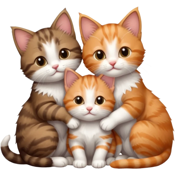 3 tiny kittens cuddling together all different colours, the first one is grey and white, the second is ginger and white and the third is brown tabby and white emoji