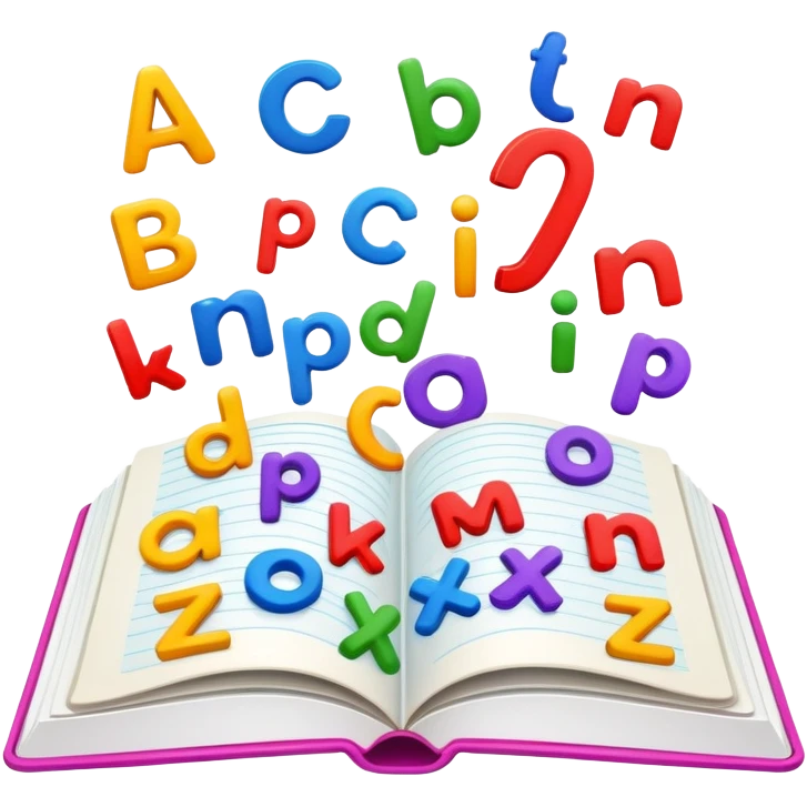 English language learning book with alphabet letters emoji
