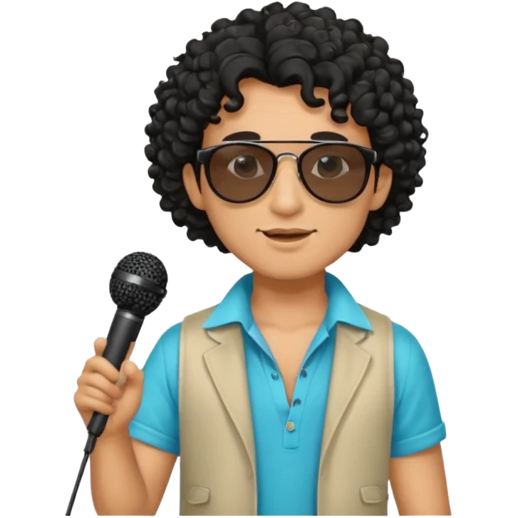 curly haired man with summer clothes and sun glasses holding microphone emoji