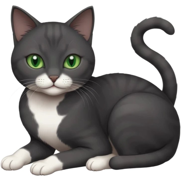beautiful female solid dark grey cat with green eyes, white toes/paws and white patch on her chest lying down emoji