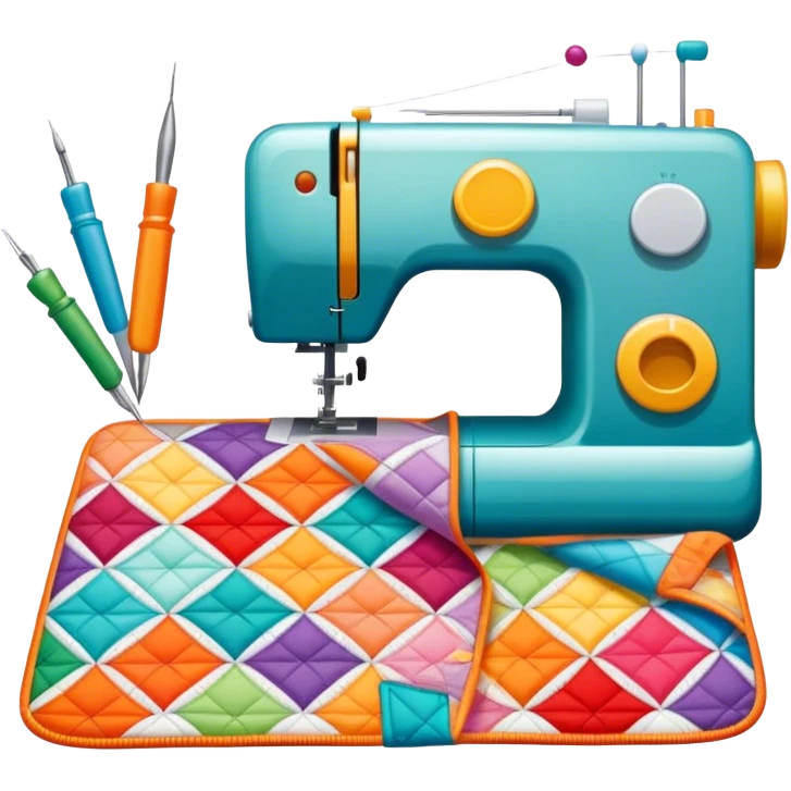 Patchwork and quilting icon, colorful fabric patches sewn together in a quilt pattern, sewing needle and thread, quilting tools like rotary cutter and quilting hoop, minimalistic style, clean lines, transparent background. emoji