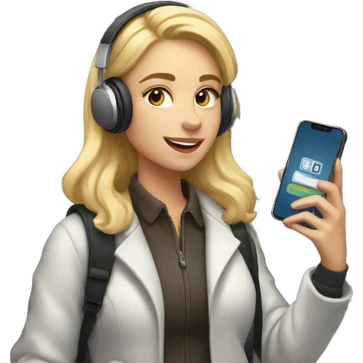 blonde female student standing by a locker wearing wireless headphones, heavy coat, taking a selfie with cell phone emoji