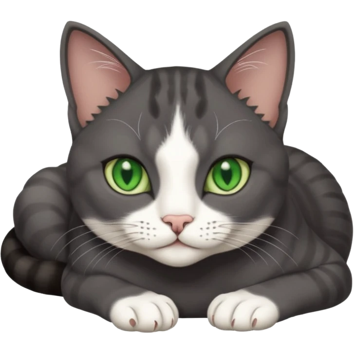 beautiful female solid dark grey cat with green eyes, white toes/paws and white patch on her chest lying down emoji