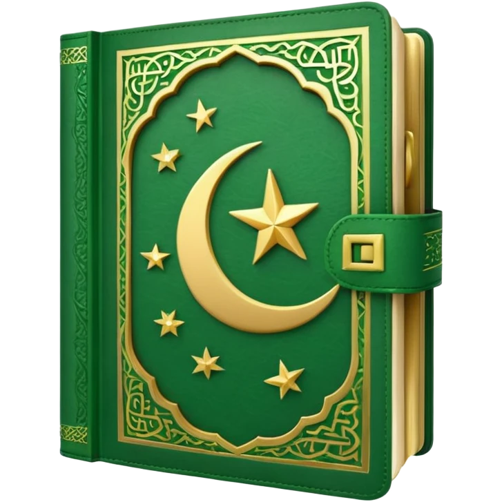 Closed Quran with the Islamic Symbol on it (moon and star) green from left to right emoji