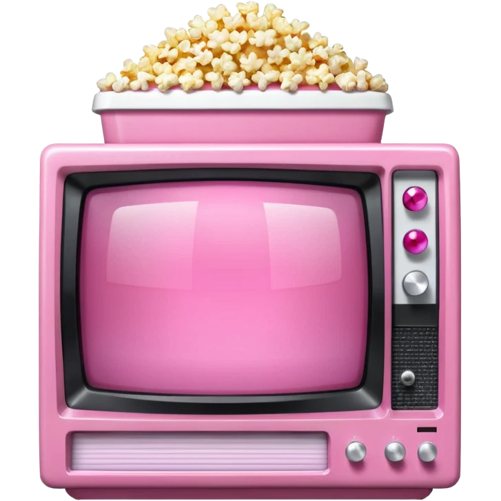 front view of transparent sparkly pink shiny CRT TV sitting on top of pink VCR, with pink/white rhinestone bucket of popcorn sitting next to it emoji