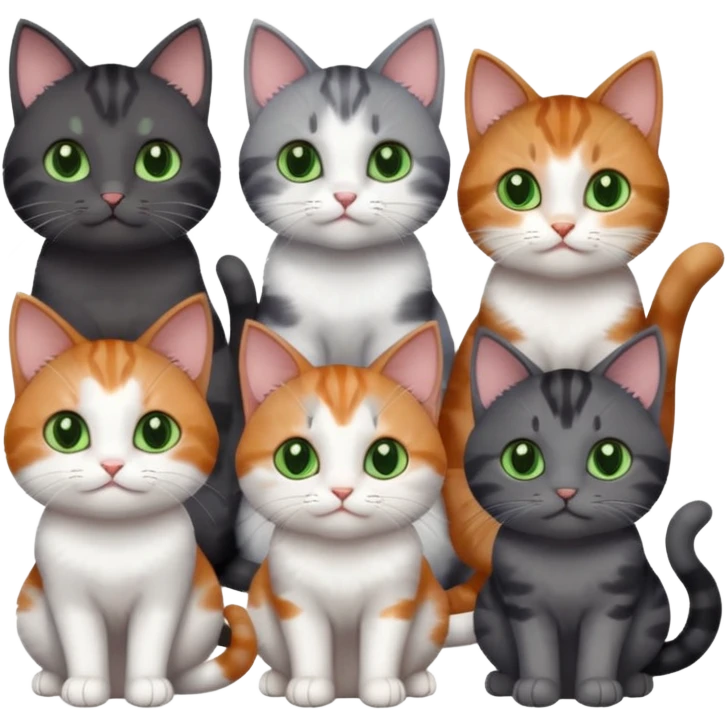6 different coloured small cats including a dark grey and white, and a patchy calico, and a brown tabby and white,  and a completely solid dark grey with green eyes and only white paws emoji