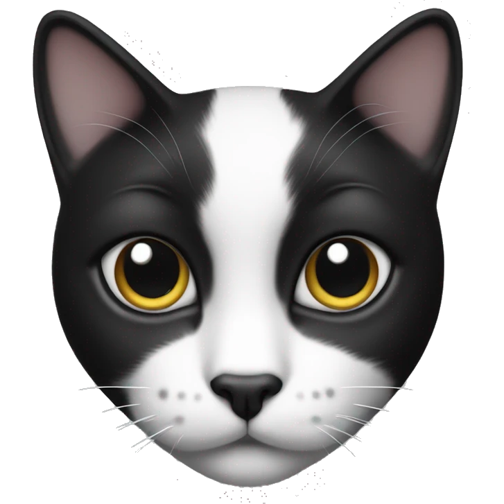 Black and white cat, black dots on left and right ears and right eye emoji