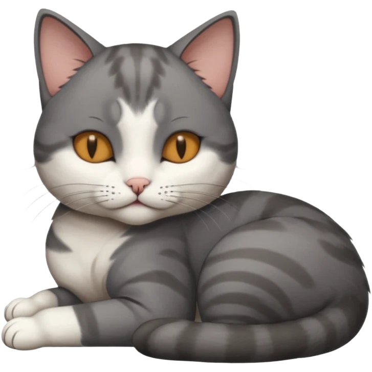 dark grey and white small cat with his eyes closed leaning his head on his paw while leaning on his elbow lying down emoji