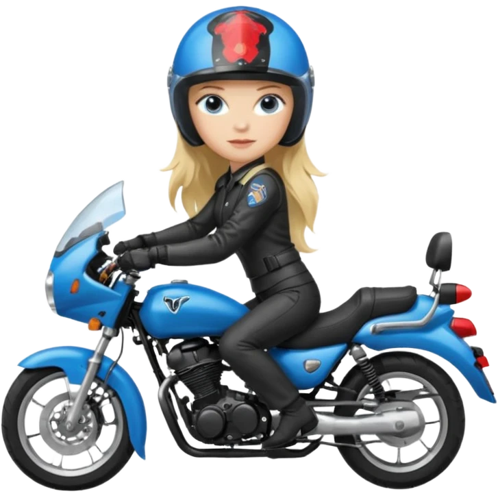 moça loira de cabelo comprido e olhos azuis com capacete em moto honda 150 preta em cima da moto emoji
