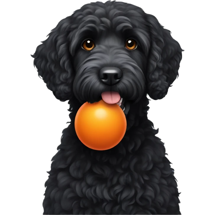 black labradoodle with orange ball in mouth emoji