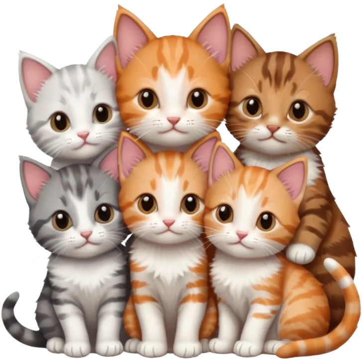 6 tiny kittens cuddling together all different colours, the first one is grey and white, the second is ginger and white and the third is brown tabby and white emoji