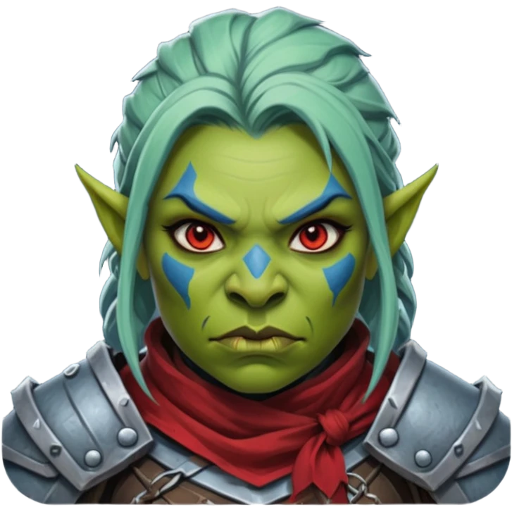 Fantasy Christmas orc legion soldier icon, iron tundra army theme, heavy winter armor, disciplined brutal look, dark icy steel armor with bold crimson cloth and markings, cold blue shadows, high contrast, clean emoji portrait style, female variant emoji