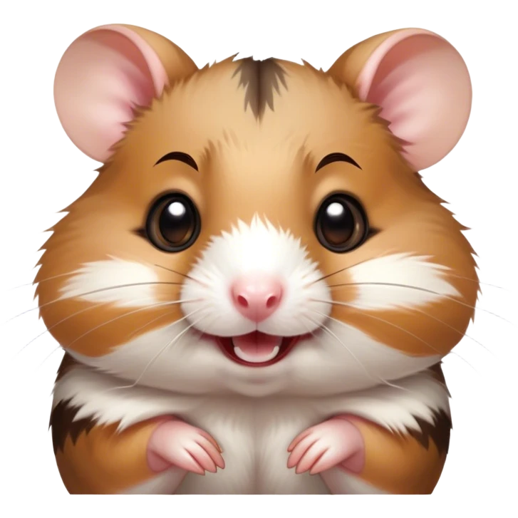 Cinematic Comical Brown and White Banded Hamster Portrait Emoji, Head tilted dramatically with an exaggeratedly amused expression, featuring a striking fur with bold brown and white banded patterns, wide, expressive dark eyes filled with playful disbelief, Simplified yet hilariously expressive features, highly detailed, glowing with a slightly sassy glow, high shine, dramatic yet playful, stylized with an air of cheeky mischief, bright and endearing, soft glowing outline, capturing the essence of a spirited and over-the-top hamster, so meme-worthy it feels like it could side-eye its way into internet fame instantly! emoji
