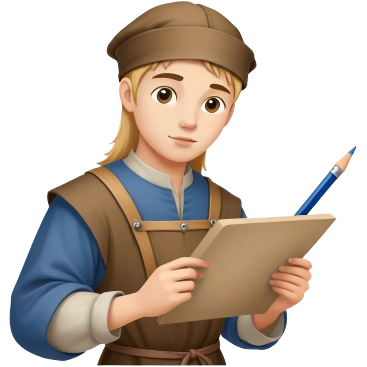 smart young medieval painter apprentice drawing paper and pencil emoji