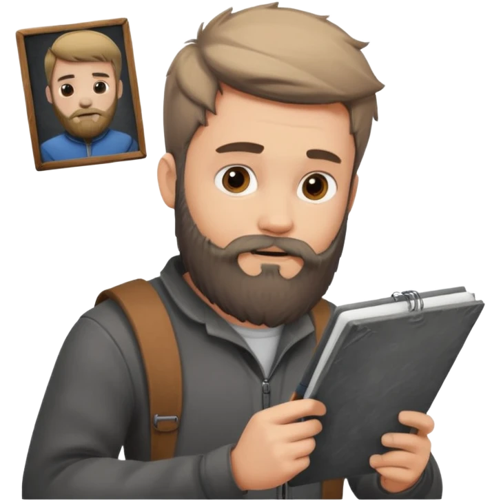 Bearded man  drawing boy character with charcoal in sketchbook emoji
