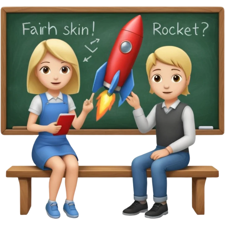 Girl is teaching a guy how to make rocket emojis. Girl at blackboard, guy on bench learning. emoji