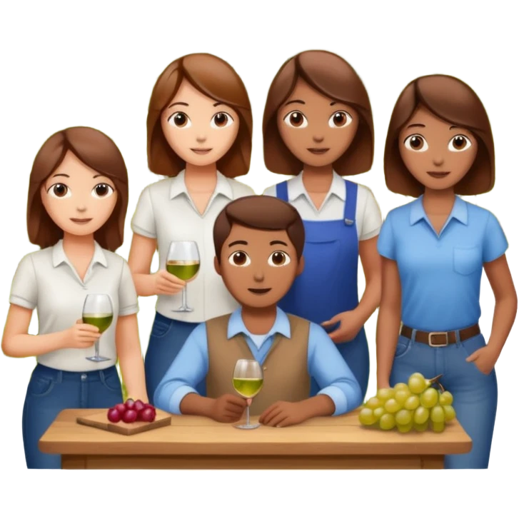 Make a photo of 5 project managers, specifically 3 girls with brown hair and 2 boys, that are making project for improvement of the winery emoji