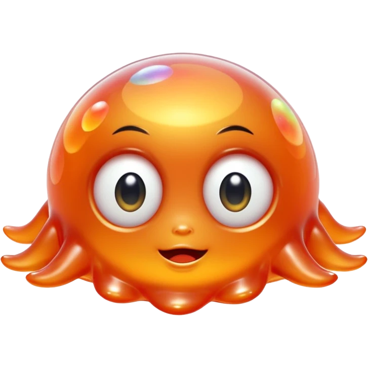 a combination of a water droplet and a ghost tail.
The bottom part is softly squished and slightly curled like a tail
floats in the air with no feet, has small round hands like jelly
Ieyes are large, round, and sparkle like jelly marbles.
The character has a translucent jelly-like texture. emoji