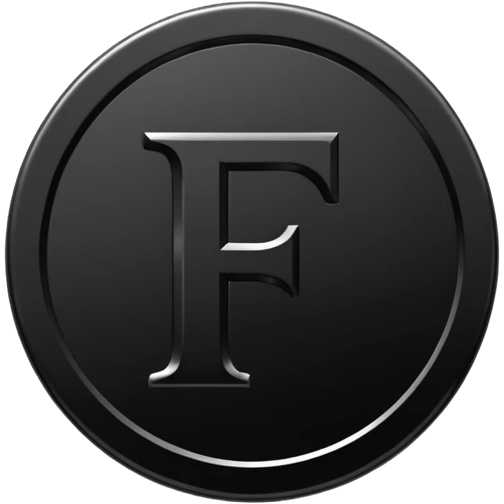 Emoji icon of a black coin with engraved letter F, minimalist style, isolated, only black color emoji