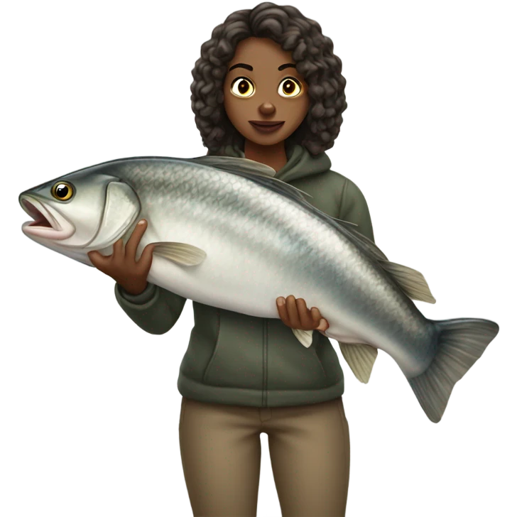 Young woman fishing a big fish emoji