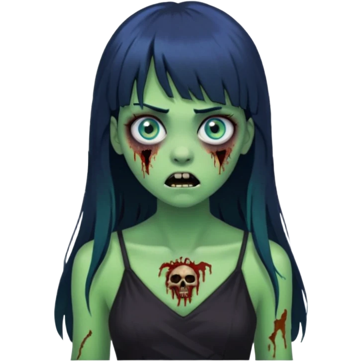 faça uma garota na forma de zumbi com a pele verde, assustada e com os olhos azuis, com o cabelo bem preto com franja e longo e a roupa decotada preta emoji