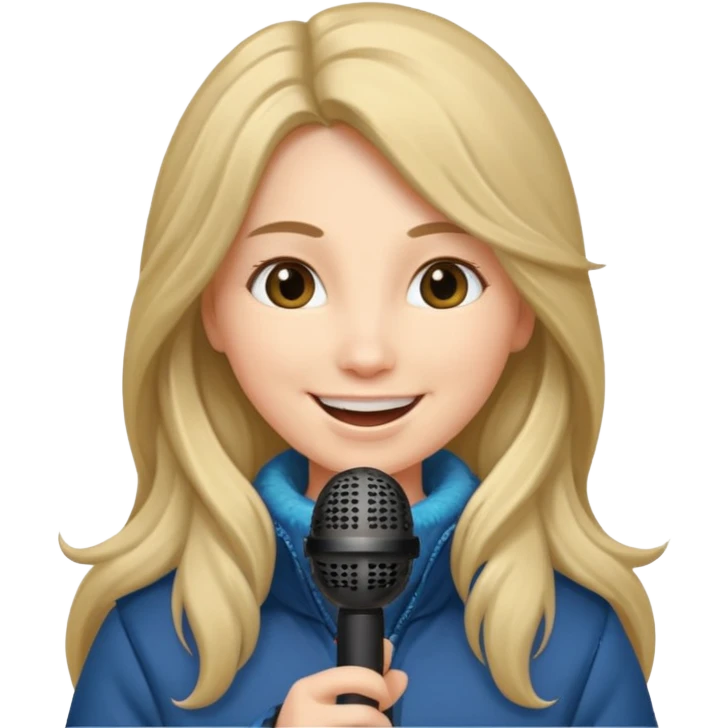 long haired woman with winter clothes holding microphone emoji